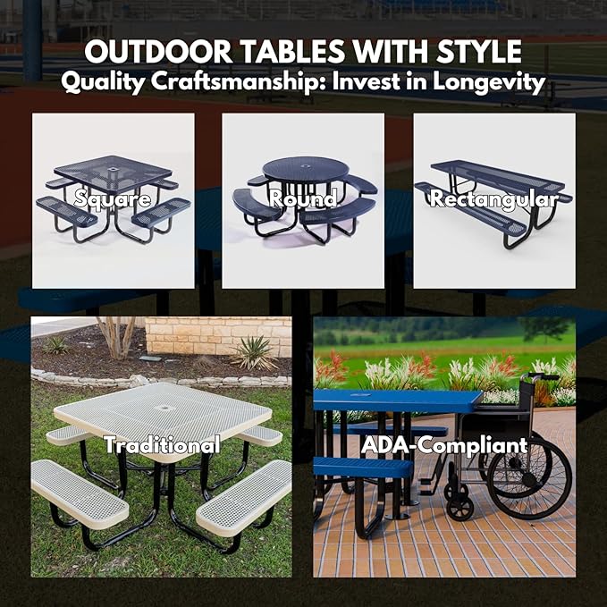 Heavy-Duty Portable ADA-Compliant Outdoor Picnic Table, Expanded Metal Patio Dining Furniture Made in America (8ft Rectangular, Both-Side Handicap, Textured Gold Vein)
