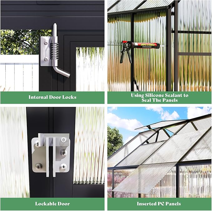 Amerlife 8x11.5x7 FT Polycarbonate Greenhouse for Outdoors, Walk-in Design with Aluminum Frame, 2 Windows and Swing Door, Heavy-Duty Greenhouse Construction for Garden, Black
