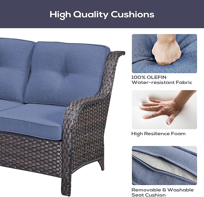 Outdoor Patio Furniture Set with 50000BTU Propane Fire Pit Table, 4 Pieces Wicker Patio Conversation Set with 2 Swivel Rocker Glider Chairs Rattan Sofa Blue Cushion Perfect for Gathering
