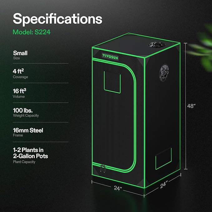 VIVOSUN S224 2x2 Grow Tent, 24"x24"x48" High Reflective Mylar with Observation Window and Floor Tray for Hydroponics Indoor Plant for VS1000