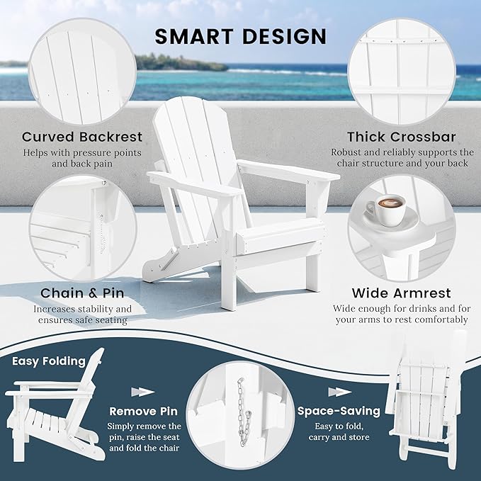 Westin Outdoors Laguna WO Home Outdoor Adirondack Folding Chair Lounger Seat Traditional Retro Home Furniture for Beach, Balcony, Backyard, Lawn, Patio, Pool, Deck, Garden (White)
