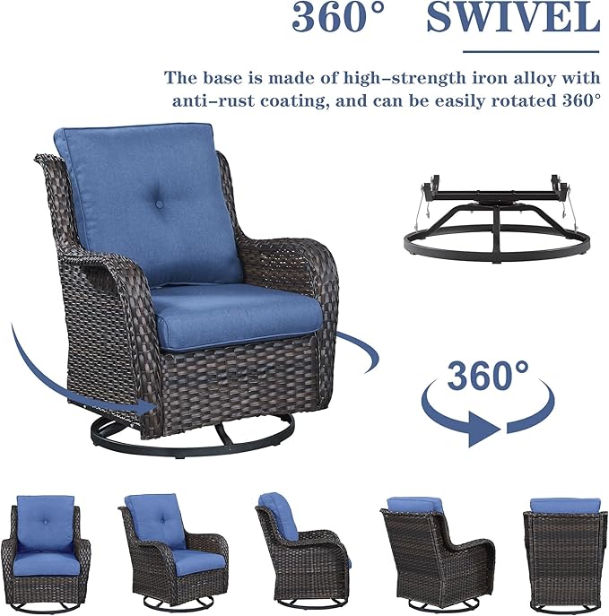 Wicker Outdoor Furniture Patio Furniture Set - 6 Piece Patio Conversation Set with Swivel Rocker Chairs, Rattan Sofa, Ottomans and Coffee Table, Blue Cushion