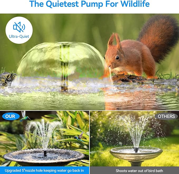 POPOSOAP Solar Fountain Pump for Bird Bath, 6.5W Solar Water Fountain Pump with Upgraded Dry-run Protection & Double-layer Nozzles 5Ft Tubing for Pond, Bird Bath, Backyard Water Feature