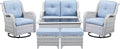 Wicker Outdoor Furniture Patio Furniture Set - 6 Piece Patio Conversation Set with Swivel Rocker Chairs, Loveseat Sofa, Ottomans and Coffee Table, Baby Blue Cushion