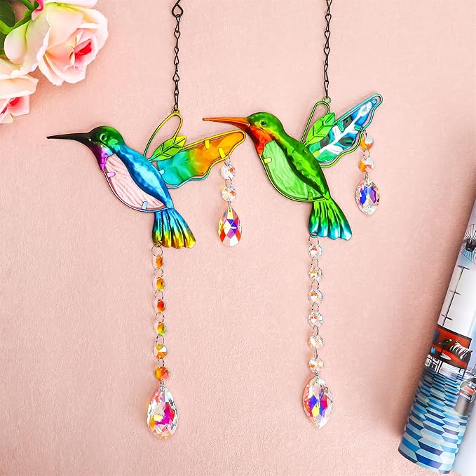 YU FENG 2PCS Hummingbird Suncatchers,Stained Glass Window Hanging Ornament,Rainbow Maker Crystal Prism Suncatcher Outdoor Indoor Home Garden Party Decoration