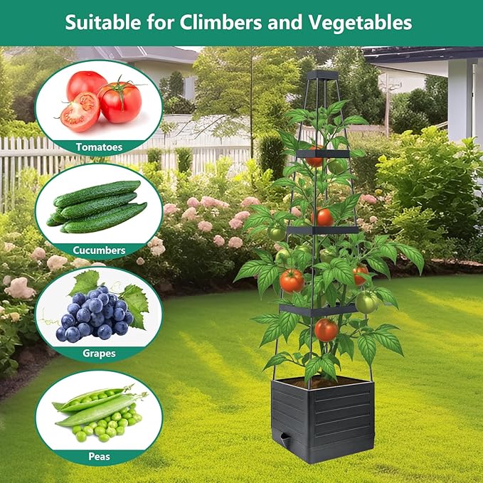 Raised Garden Bed Planter Box with Trellis, 58”Tomato Planter with Trellis for Climbing Plants Vegetables Vine Flowers, Self-Watering Tomato Cage for Garden Patio Outdoor & Indoor
