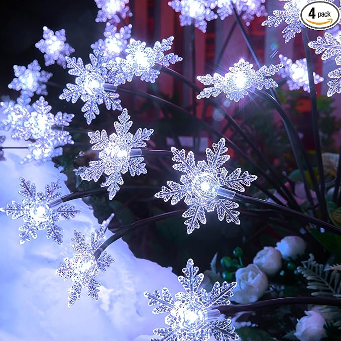 Brightown Christmas Pathway Lights - 4 Pack 48 LED Snowflake Outdoor Lights With 2 Modes, Waterproof Solar Firefly Decoration for Yard, Cool White