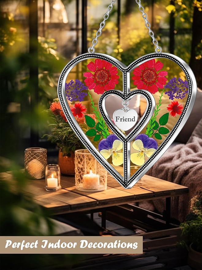 KY&BOSAM Heart Suncatcher Friend Stained Glass Hangings for Windows Real Flower Glass & Metal Maker Sun Catchers Birthday Gifts for Frined Home Party Backyard Indoor Outdoor Decor Christmas Ornament