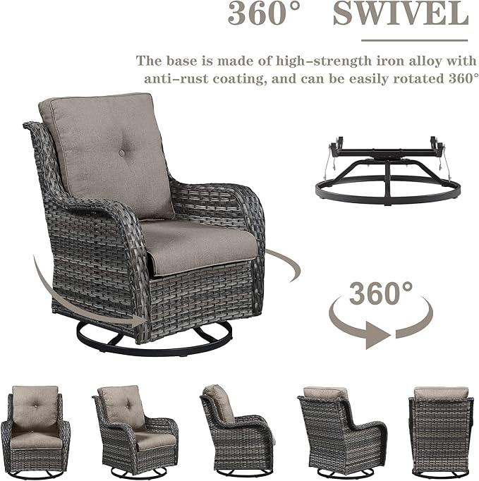 5 Piece Outdoor Patio Furniture Set - Wicker Furniture Patio Conversation Set, Outdoor Swivel Rocker Chairs with 3-Seater Sofa and 2 Ottomans for Small Space, Gray Cushion