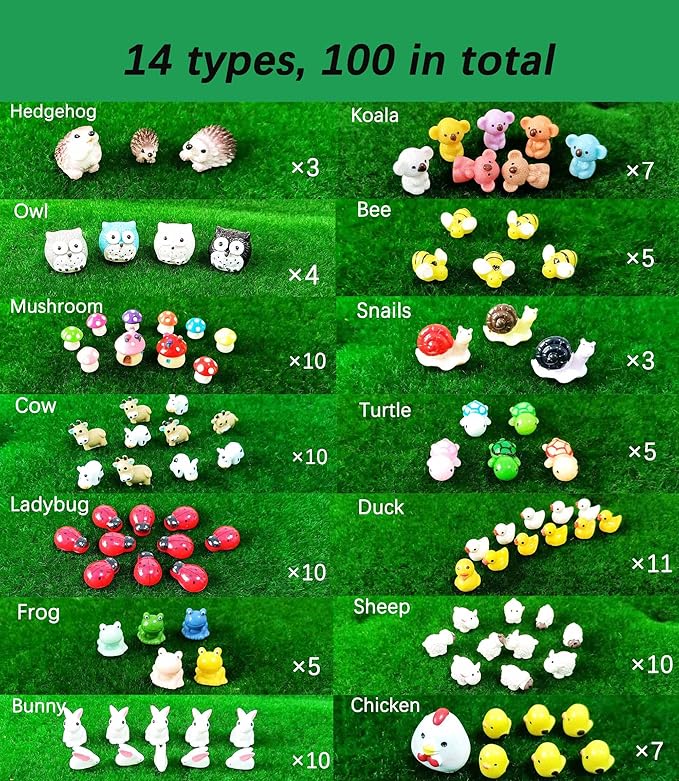 100 Pcs Mini Resin Animals Figures, Mixed Tiny Plastic Animals Figurines to Hide Miniature Fairy Garden Decorations Accessories