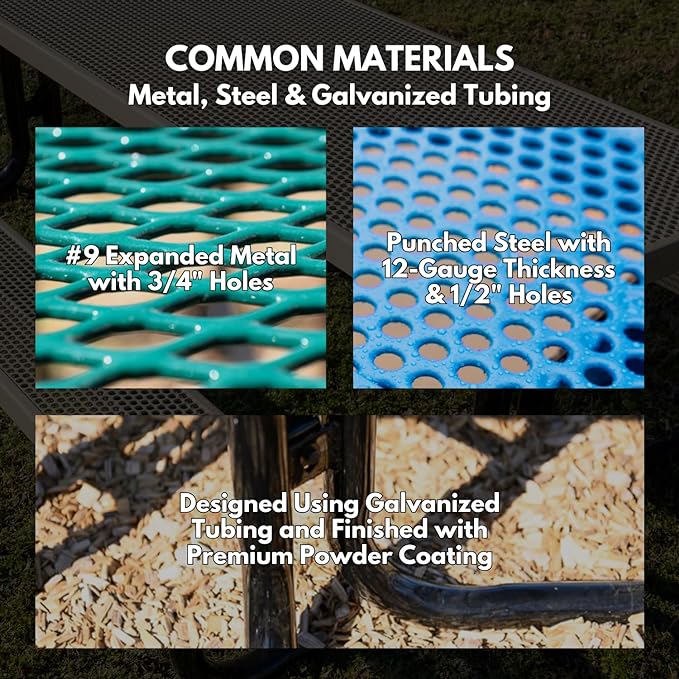 Heavy-Duty Portable ADA-Compliant Outdoor Picnic Table, Punched Steel Patio Dining Furniture Made in America (8ft Rectangular, Both-Side Handicap, Brown)
