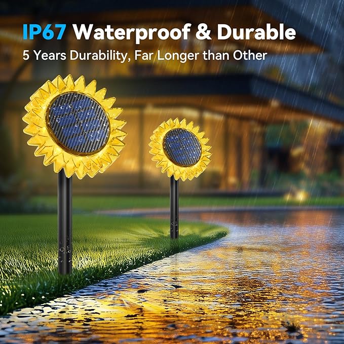 Solar Garden Lights - Upgraded Solar Sunflower Light, Ground/Wall 2 In 1, Outdoor Lights Waterproof IP67,Garden Yard Patio Backyard Pathway Landscape Fence Wall Decoration, Warm White(2 Pack)