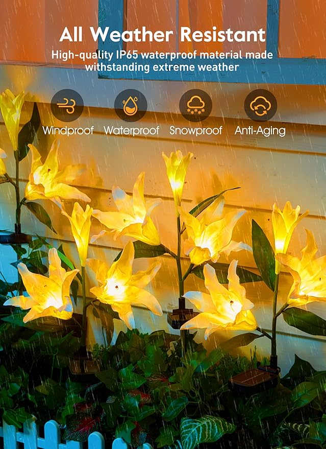 Brightown Outdoor Solar Garden Lights - 4 Pack LED Flower Lights with Larger Lily, Bigger Solar Panel, Waterproof for Outside Yard Patio Garden Decorations, White