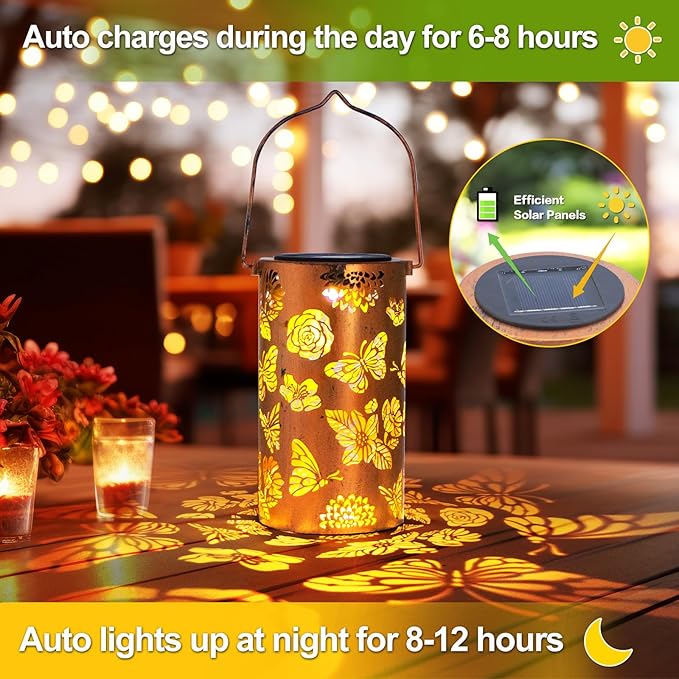 Butterfly Solar Gardening Gifts Lanterns Decorative Outdoor, Flower Pattern Solar Hanging Lights Waterproof, Garden Decor for Women Mom Grandma, Yard Gifts for Patio, Pathway, Landscape