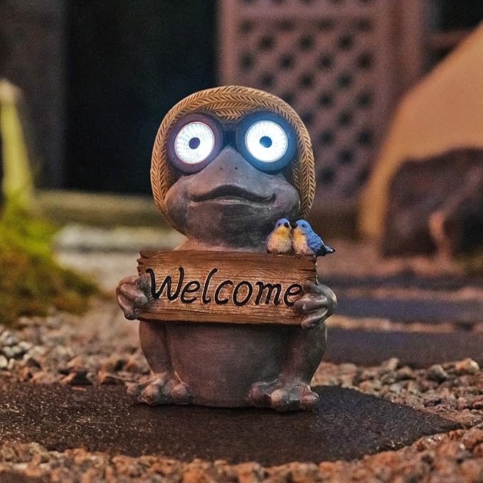 Garden Statue of Frog with Solar Light Eyes,Solar Decor Frog Outdoor Decorations,Frogs Figurine for Patio, Balcony, Yard, Lawn Ornament,Perfect Garden Gift,9.72inch