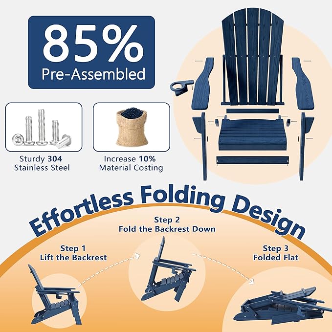 Folding Adirondack Chair Set of 4 with Cup Holder, HDPE All Weather Resistant Plastic Outdoor Patio Chairs, Heavy Duty Fire Pit Seating for Backyard Lawn Garden, Wooden Textured Design(Navy Blue)
