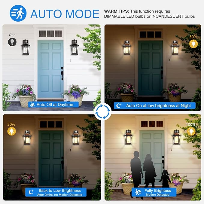 VIANIS Motion Sensor Exterior Light Fixture, 2 Pack Dusk to Dawn Outdoor Light Wall Mount, Anti-Rust Aluminum Outside House Lights, Farmhouse Coach Lantern for Porch, Entryway, Garage, Front Door