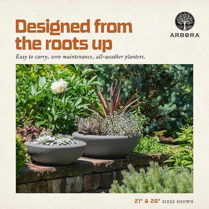 ARBORA 21" and 26” Santorini Bowls with Stone Blend Concrete Gray Finish - Polyresin Indoor and Outdoor Planters, Durable, Weatherproof, Lightweight, Large Plant Pots for Patio, Garden, Deck