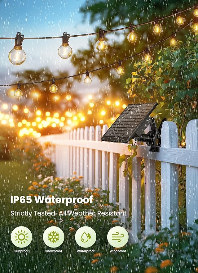 Brightown 58FT Solar String Lights Outdoor with Remote Cable Ties and Hooks, Commercial Grade Patio Lights with 26 LED Shatterproof Bulbs, 3 Light Modes Hanging Light for Backyard Party Decor