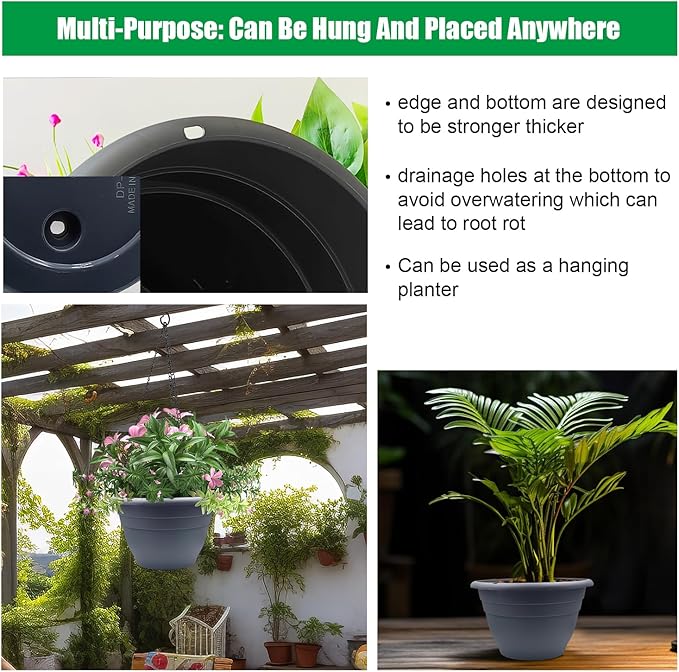 Plant Pots Set of 5, 10 Inch Round Flower Pots, Thickened Plant Planters with Drainage Holes, Garden Pots for Indoor Outdoor (Dark Gray)