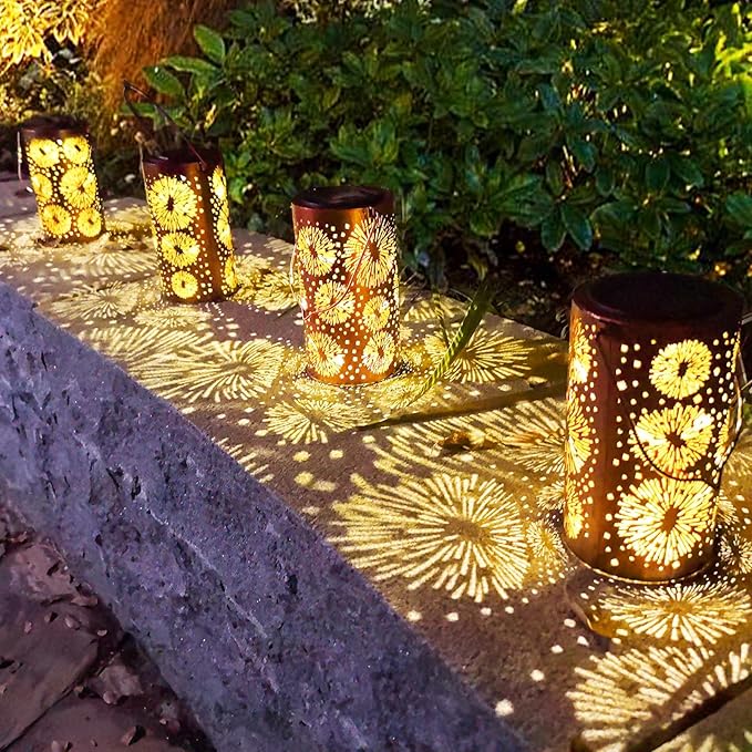 Mothers Day Gifts, Fireworks Solar Lanterns Outdoor Hanging, Hollowed-Out Metal Waterproof LED Garden Decor Light for Patio Yard Pathway Lawn Front Porch Tree, Birthday Gifts for Women Mom Grandma