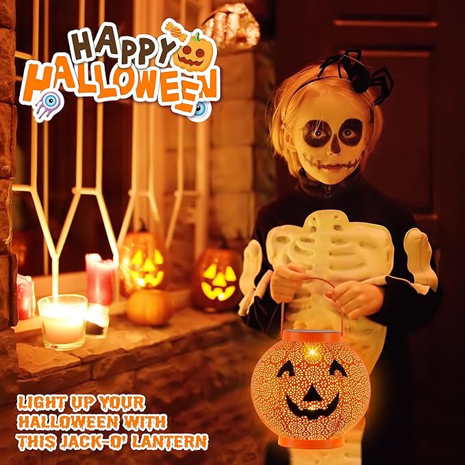 Halloween Decoration Hanging Solar Lantern Outdoor - Solar Powered Pumpkin Led Jack-O Lights, Waterproof Halloween Decor Metal Round Lantern for Yard, Patio, Pathway, Porch, Lawn, Garden, Outside