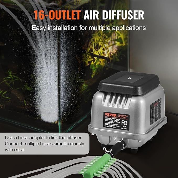 VEVOR Linear Air Pump, 109L/Min Air Flow Septic Aerator Pump, Aeration System for 1/2 Acre 10 FT Deep Ponds, Water Gardens, Waste Treatments, Septic Tanks, Aquariums, Seafood Restaurants, Fish Farms