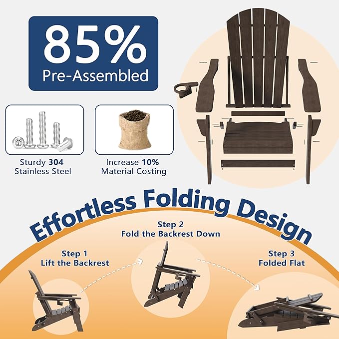 Folding Adirondack Chair Set of 2 with Cup Holder, HDPE All Weather Resistant Plastic Outdoor Patio Chairs, Heavy Duty Fire Pit Seating for Backyard Lawn Garden, Wooden Textured Design(Coffee)