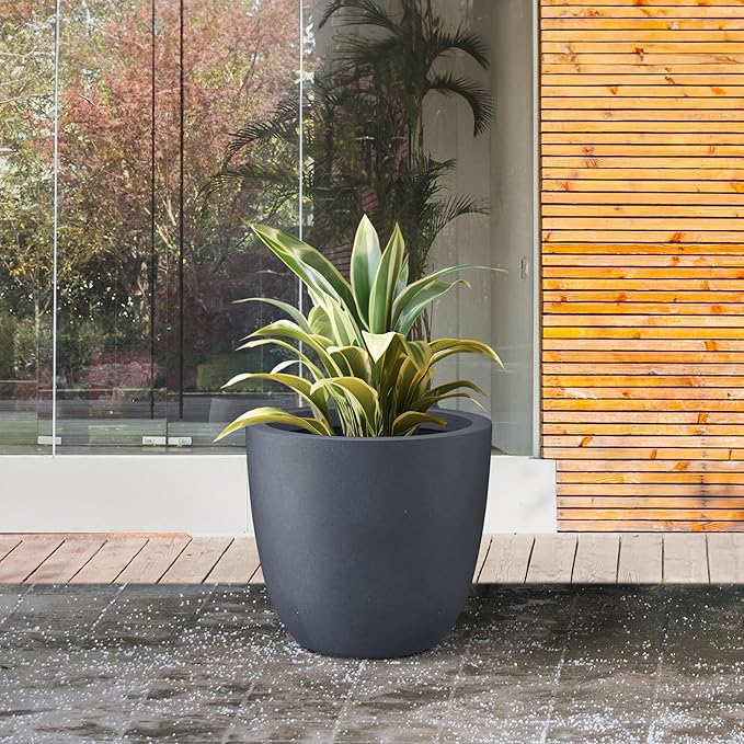 Kante 14 Inch Dia Round Concrete Planter, Indoor Outdoor Large Plant Pot with Drainage Hole and Rubber Plug for Home Patio Garden, Charcoal