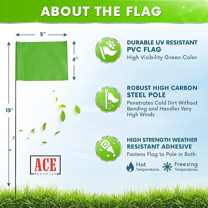 Green Marking Flags 1000 Pack - 4x5x15 Inch Green Flags for Yard - Markers For Lawn, Irrigation, Landscaping, Survey & Sprinkler Head Marking