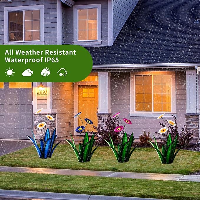 Upgraded Large Metal Yard Art, Agave Plant Yard Decorations Outdoor Sculpture, Flowers for Outside, Waterproof Outdoor Garden Decor (Blue + White Flower)