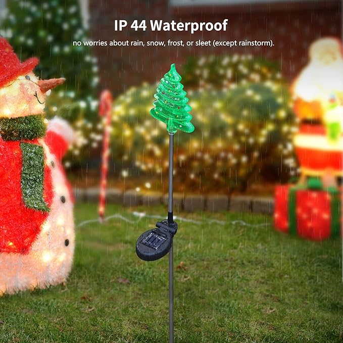 Glintoper 4 Pack Solar Christmas Figurine Lights, Outdoor Lighted Decorative Santa Claus, Snowman, Xmas Tree & Reindeer with Garden Stakes, Warm White LED Lighting Yard Stake for Path Lawn Patio Decor