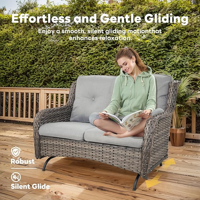 5 Piece Outdoor Patio Furniture Set - Outdoor Conversation Couch and Loveseat Glider Chair Furniture Set with Rattan Coffee Table for Deck Balcony Poolside Gray Wicker/Grey Cushions