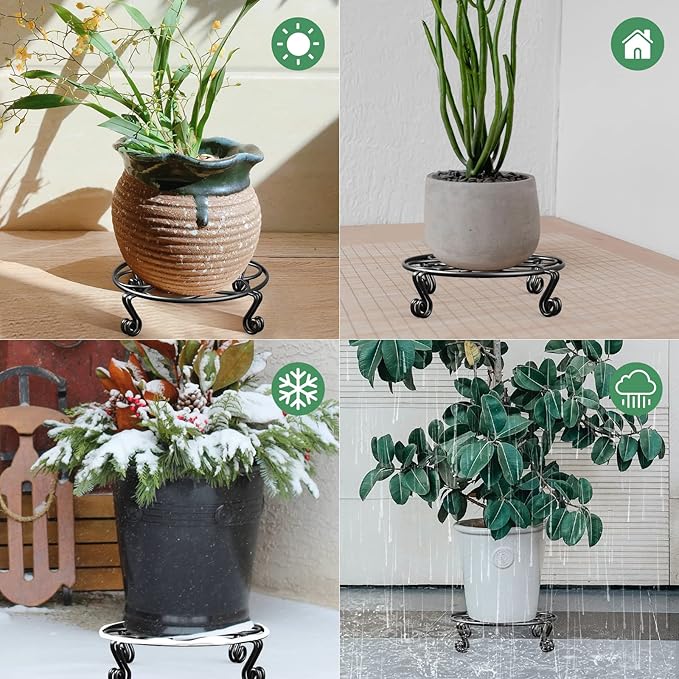 Yimobra 4 Pack Plant Stand for Flower Pot Heavy Duty Potted Holder Indoor Outdoor Metal Rustproof Iron Garden Container Round Supports Rack for Planter (4PC Black 11.8 x 3.1IN)