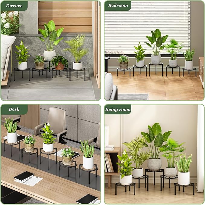 Small Metal Plant Stand indoor - 5 Pack Black Short Flower Pot Stand, Heavy Duty Anti-Rust Iron Shelf for Outdoor Home Patio Garden