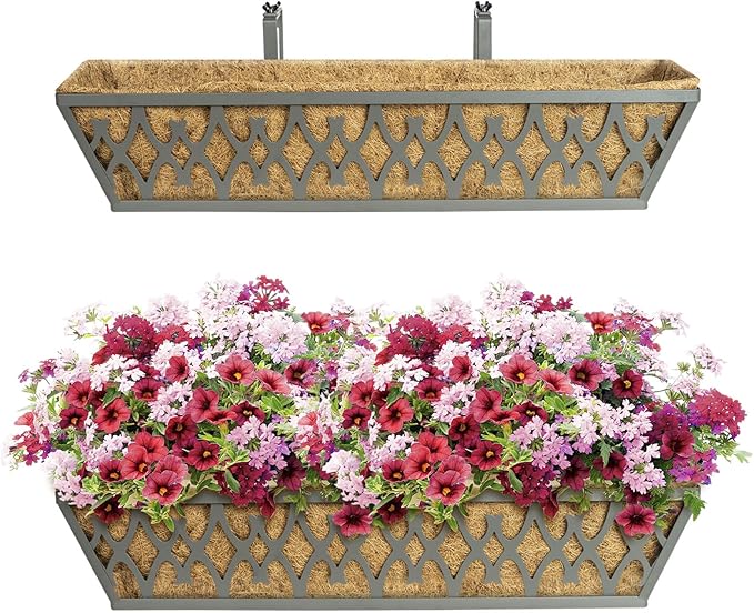 2 Pack 24 Inch Window Boxes Planters Railing Planter Box with Adjustable Brackets for Porch Fence Patio Balcony Hanging Flower Baskets with Coco Liners for Outdoor Garden Decor - Grey