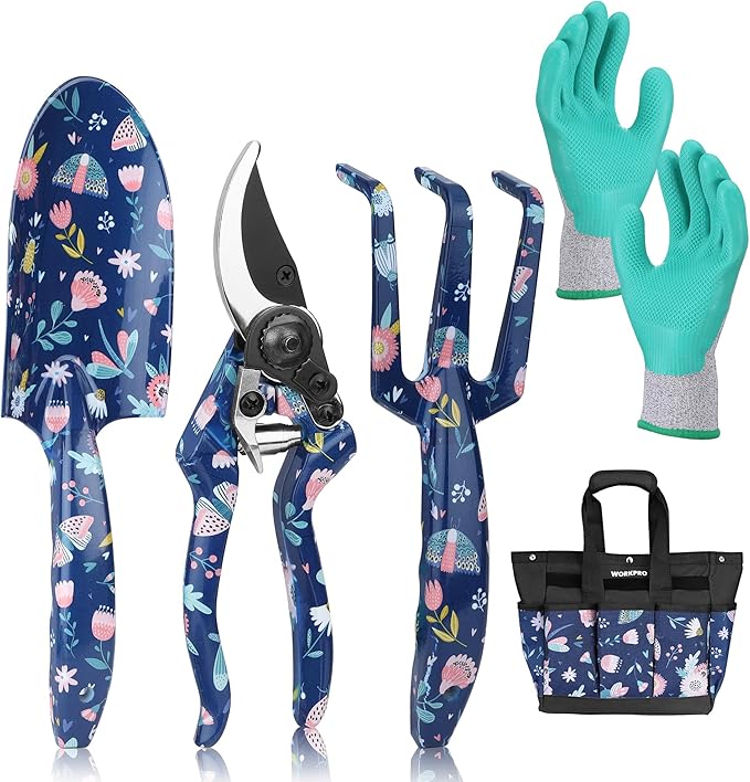 WORKPRO 5PCS Garden Tool Set, Aluminum Heavy Duty Gardening Tool Set with Garden Tool Bag, Outdoor Garden Hand Tools, Blue Insect and Flower