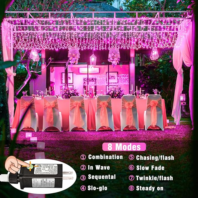200 LED Pink String Lights, 66ft Pink Christmas Lights Outdoor Waterproof 8 Modes Clear Wire, Connectable Plug in Twinkle Fairy Lights for Bedroom Indoor Wedding Christmas Decorations