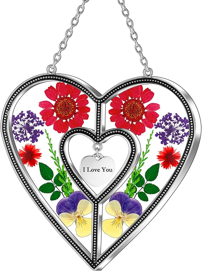 KY&BOSAM Heart Suncatchers I Love You Stained Glass Hangings for Windows Suncatcher Birthday Gifts for Women Mothers Valentine`s Day Real Flower Glass & Metal Maker for Christmas Party Home Decor