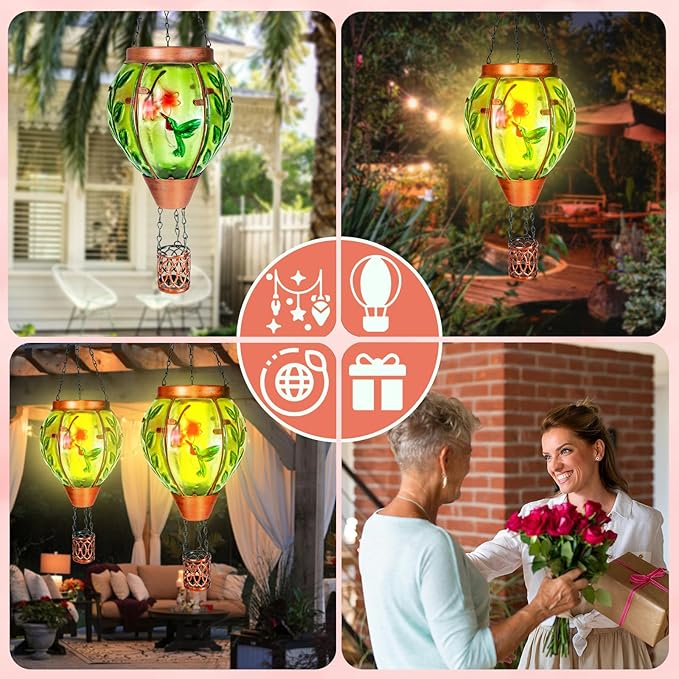 4 Pack Solar Hot Air Balloon Lantern with Flame，Hummingbird Outdoor Solar Lanterns for Outside Garden Yard Farmhouse Patio Pathway Decoration, Hummingbird Gifts for Women Grandma Mom - Hummingbird
