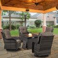 5 Pieces Patio Wicker Furniture Set - 4 Outdoor Swivel Rocker Glider Chairs with Propane Fire Pit Table, Patio Conversation Set Grey Cushion Perfect for Casual Gathering