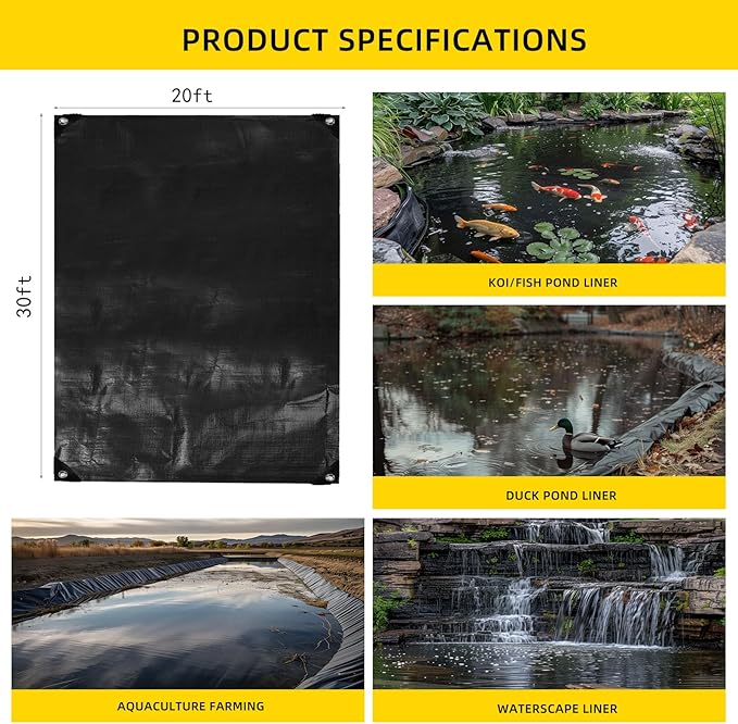 TEZONG Pond Liner,20x30Ft Pond Liners for Outdoor,28Mil PE Black Koi Fish Pond Liners,Reinforced Pond Underlayment for Ponds,Water Gardens,Waterfall, Stream, Fountains,Aquaculture,Agricultural
