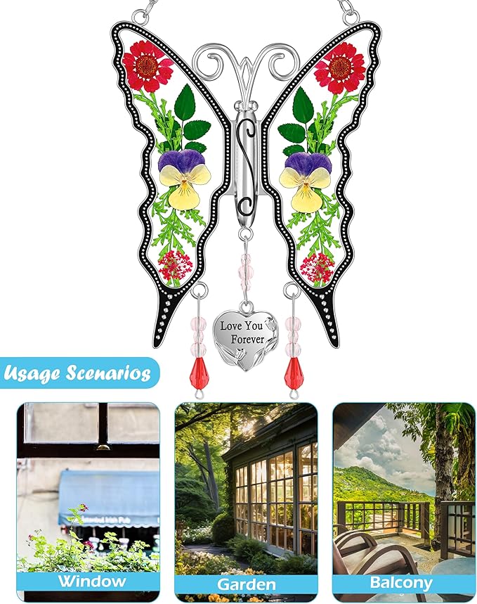 KY&BOSAM Butterfly Suncatcher Stain Glass Love You Forever Butterfly Sun Catcher for Windows Hanging Wind Chime Gifts for Women Grandma Mom Mother`s Day Valentine's Birthday Christmas Thanksgiving