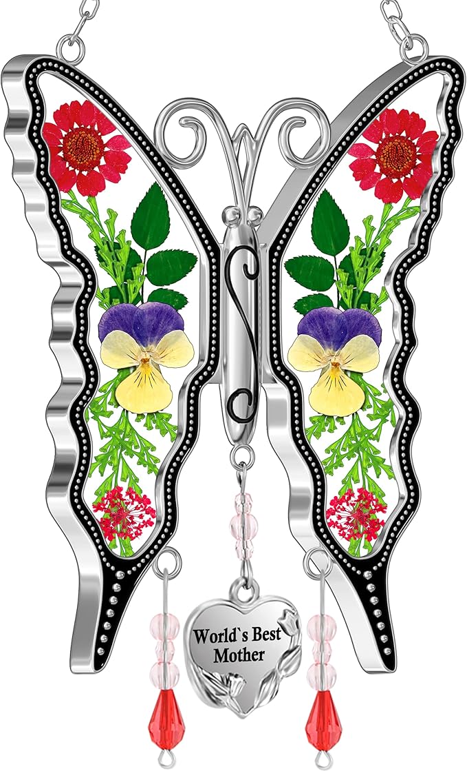 KY&BOSAM Butterfly Suncatcher World`s Best Mother Gifts Stain Glass Suncatchers for Windows Hanging Wind Chimes Home Ornament Gifts for Mom Mother`s Day Valentine's Birthday Christmas Thanksgiving
