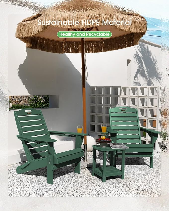 Adirondack Chairs Set of 4, Outdoor Fire Pit Chairs, HDPE All-Weather Adirondack Chairs with Cup Holder, Lawn Chair for Deck, Patio, Garden (Green)