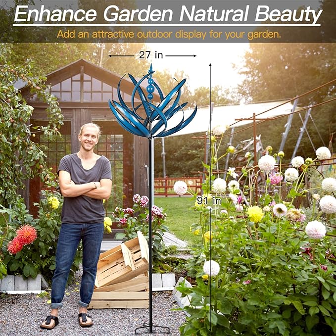 91 inch Wind Spinners Outdoor - Extra Large Outdoor Metal Wind Sculptures Spinners with Stake, Windmills for The Yard Garden, Yard Art Garden Lawn Decor - Blue (27" W x 91" H)