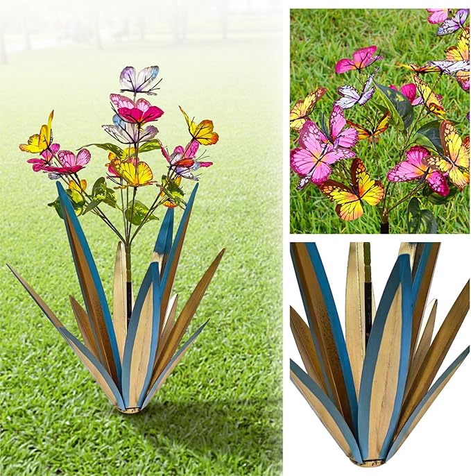 Garden Outdoor Butterfly Enlarge Thickened Wind Resistant Metal Agave Garden Art Metal Plant Country Sculpture Statue Decorations Ornaments Artificial Waterproof Butterflies(Blue 2pcs)