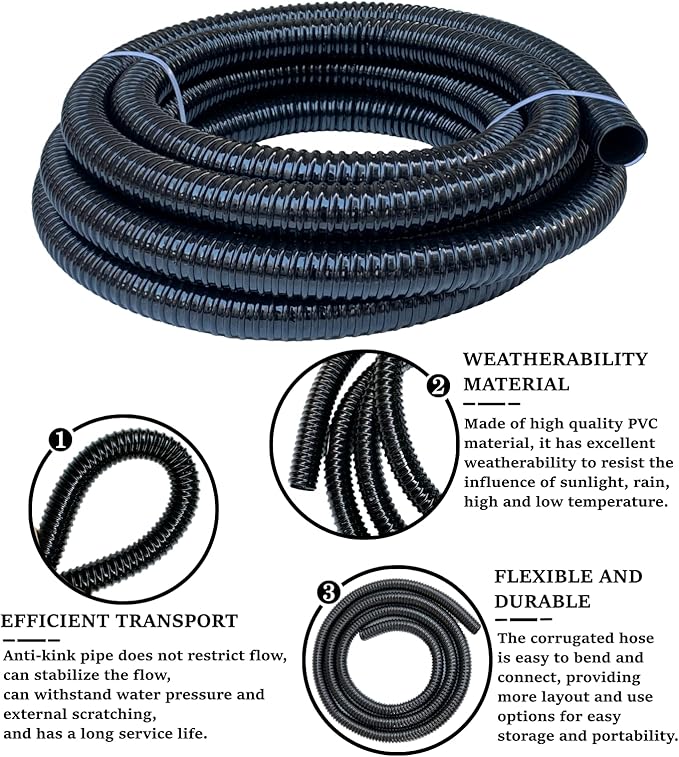 Pond Tubing 1 1/2 inch Id Black Plastic Corrugated Water Hose Strong Flexible Sump Pump Drain Hose 20Ft