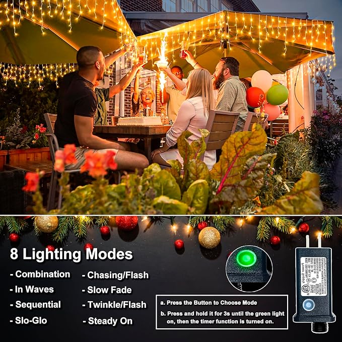 Icicle Christmas Lights, 98FT 1216 LED Icicle Lights for Outside with 228 Drops, 8 Modes Waterproof Twinkle String Lights for House Bedroom Wedding Holiday Decorations, Warm White