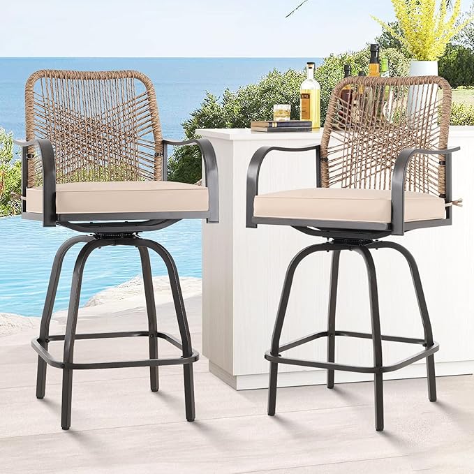 Outdoor Bar Stools Set of 4, Patio Swivel Counter Height Rattan Bar Stools, Patio Wicker Bar Swivel Chairs with Cushion, Outdoor Pool Bar Chairs for Backyard Garden Balcony w /360 Rotation
